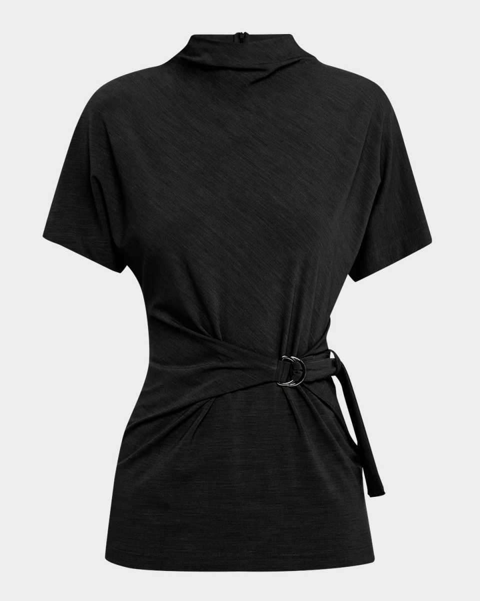 Mock-Neck Buckle Draped Jersey Top